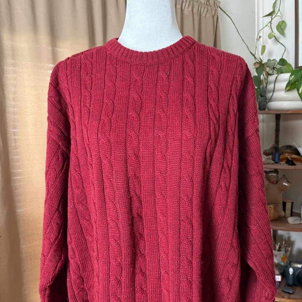 Vintage 90s Maroon Burgundy Red Cable Knit 100% Wool Crewneck Men’s XL Sweater